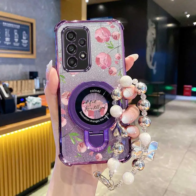 Pearl Strap Glitter Pink Flowers Phone Holder Case