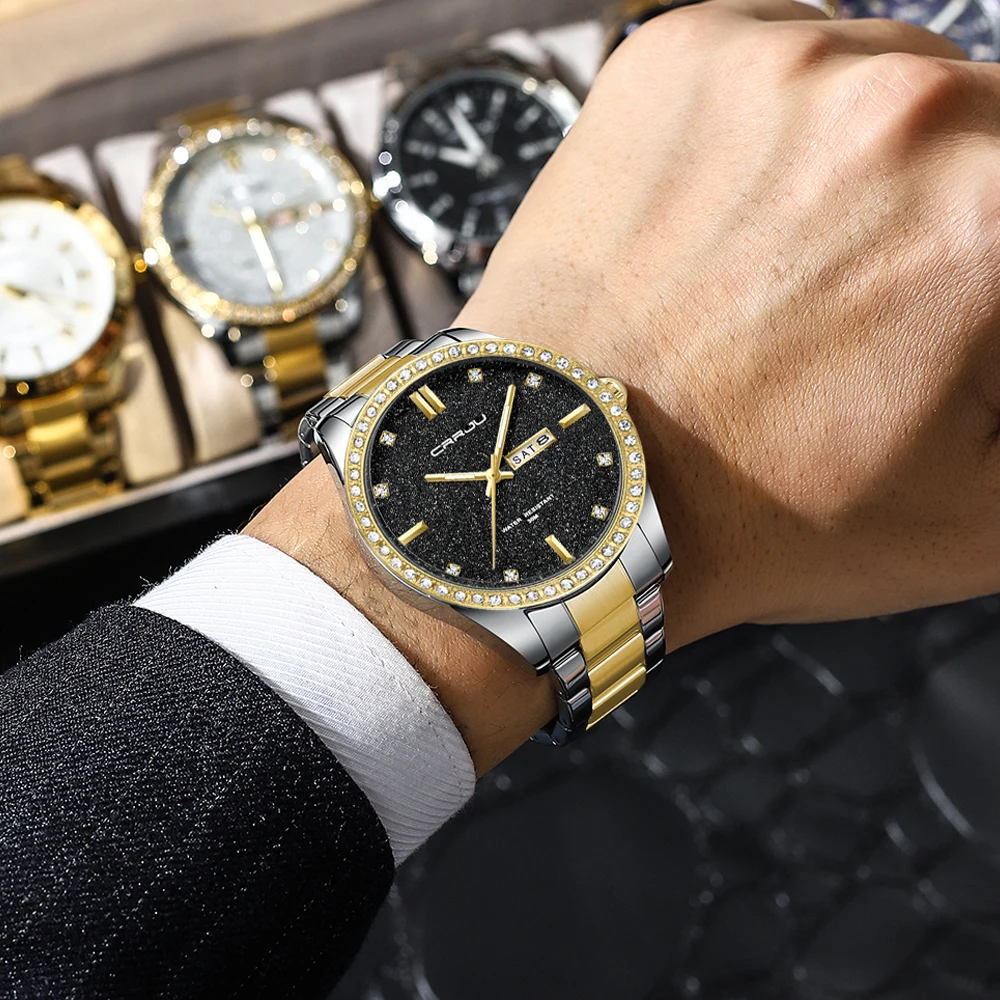 CRRJU Men Watch Moissanite Diamond Luxury Brand Golden Dial Watches with Stainless Steel Band with Luminous Relogio Masculino