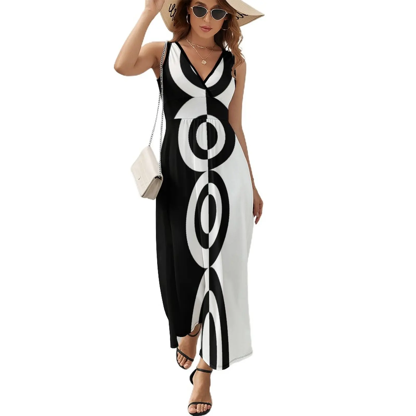 Retro Sixties Mod Contrast Circles Sleeveless Dress Female clothing Dress woman summer clothes for women