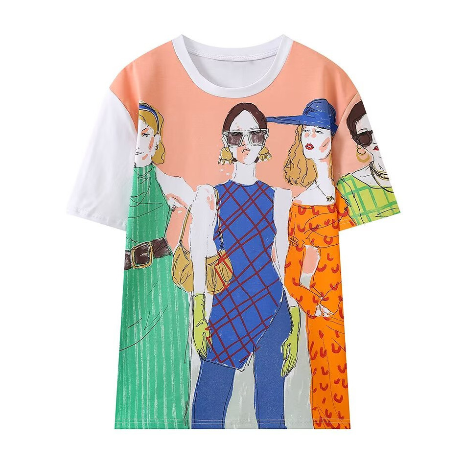 PB&ZA2025 Summer New Arrivals Women's Fashion All-match Girls Printed Pattern Round Neck Short Sleeve T-Shirt 1165/251