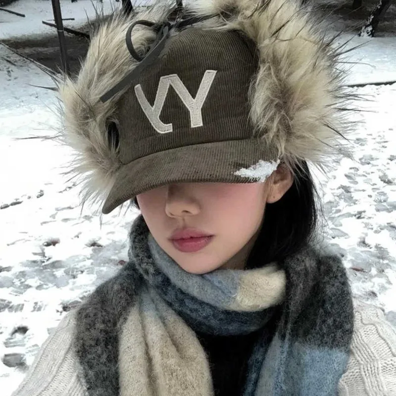 Baseball Cap Feather Retro Corduroy Embroidered Streetwear Daily Outdoor Sunscreen Hat for Women