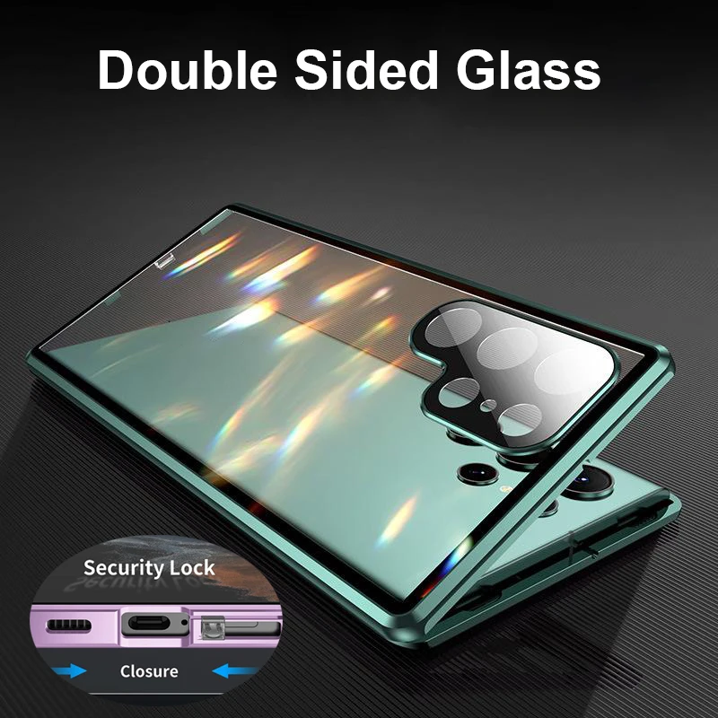 

New Metal Double Sided Glass Snap Lock Case 360 Full Protection For Samsung Galaxy S23 S22 Ultra S22 Plus Lens Protection Cover