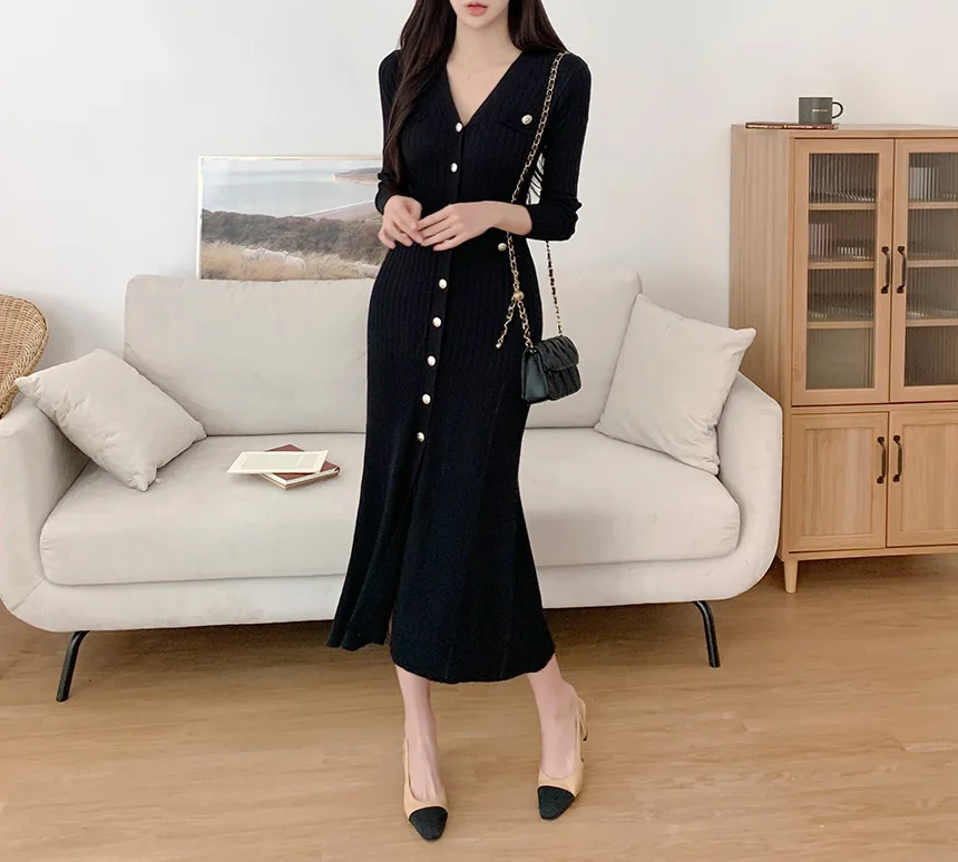 Korean Chic Knitted Dresses for Women V-neck Long Sleeve Slim Bodycon Ruffles Party Dress Casual Autumn Winter New Vestidos
