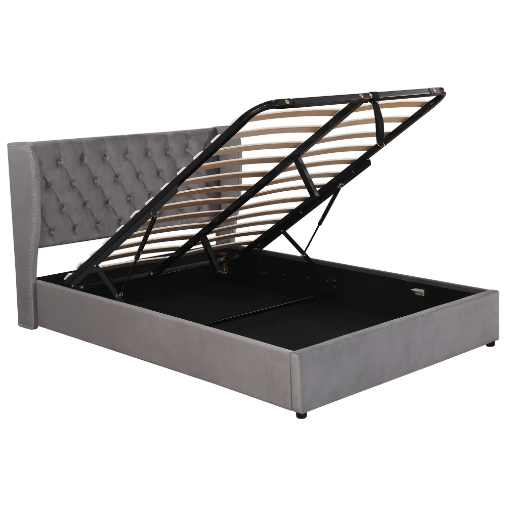 Gepolstertes Bett in Ohrenform aus Samtstoff mit Knopfnähten, Doppelbett, hydraulisches Funktionsbett mit Gittergitter und Stauraum – Detail 9