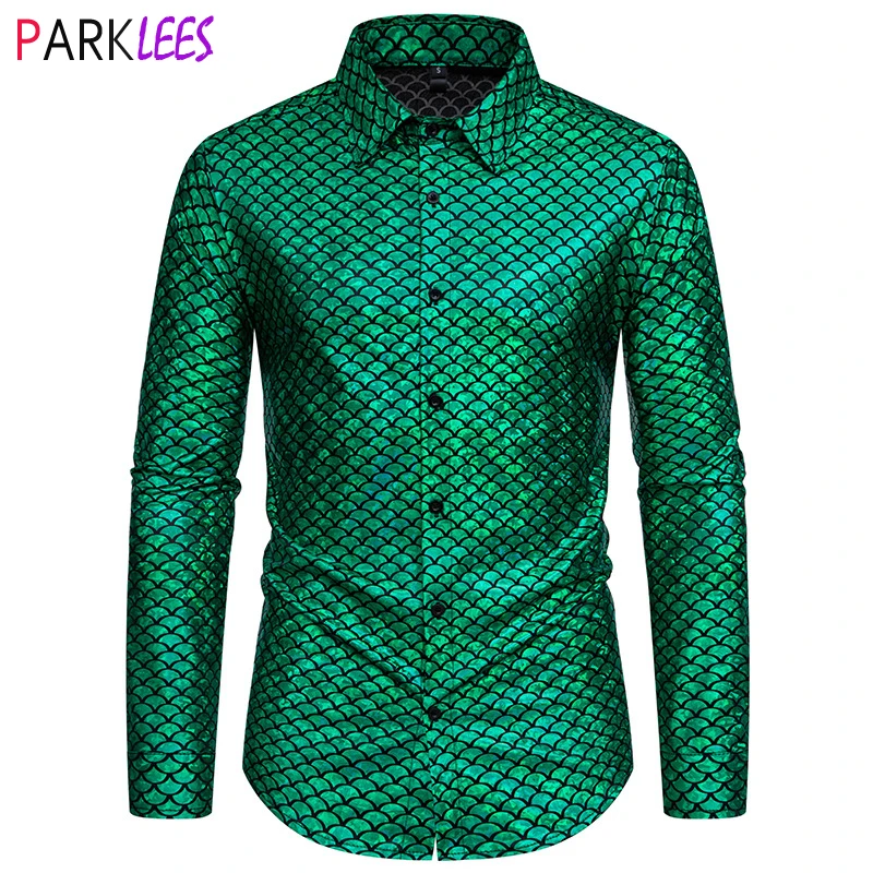 

Mens Shiny Green Fish Scales Pattern Metallic Shirts Long Sleeve 70s Disco Party Shirt Men Nightclub Stage Performance Chemise