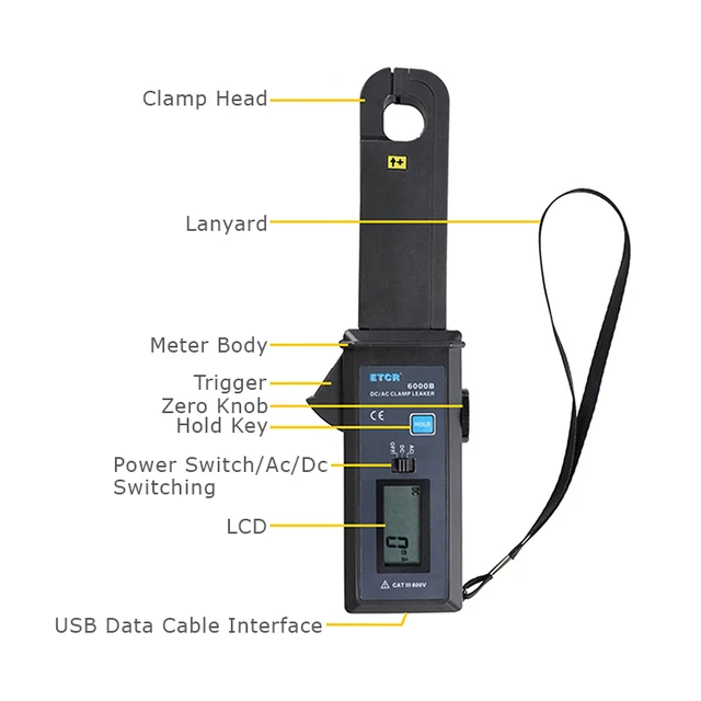 ETCR6000 Probador de corriente de fuga con abrazadera AC/DC 0mA‑60.0A 99  unidades Pinza amperimétrica digital
