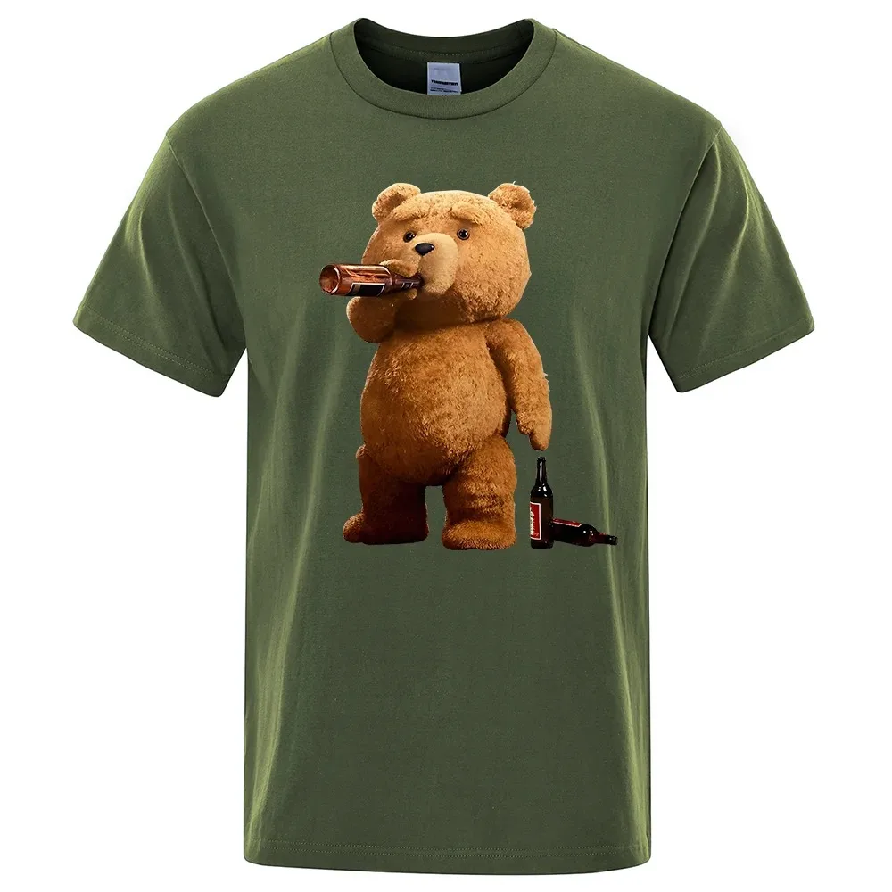 

T2K Summer Men's Cotton Teddy Bear Drinking Beer Printed T-Shirt Men's Casual Short Sleeve Loose Oversized Street T-Shirt