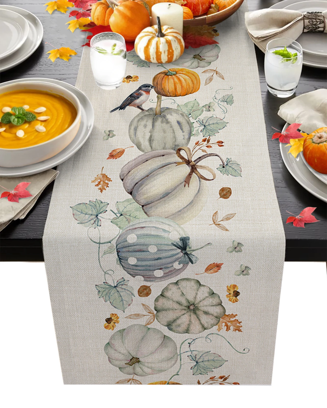 

Autumn Pumpkin Maple Bird Linen Dining Table Runner Country Decor Washable Table Runner for Dining Table Christmas Decoration