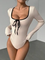 Body Sexy à manches longues pour femmes, col en U, nœud papillon, bloc de couleurs, décontracté, coupe cintrée, tricot côtelé, moulant, Streetwear printemps/automne 5