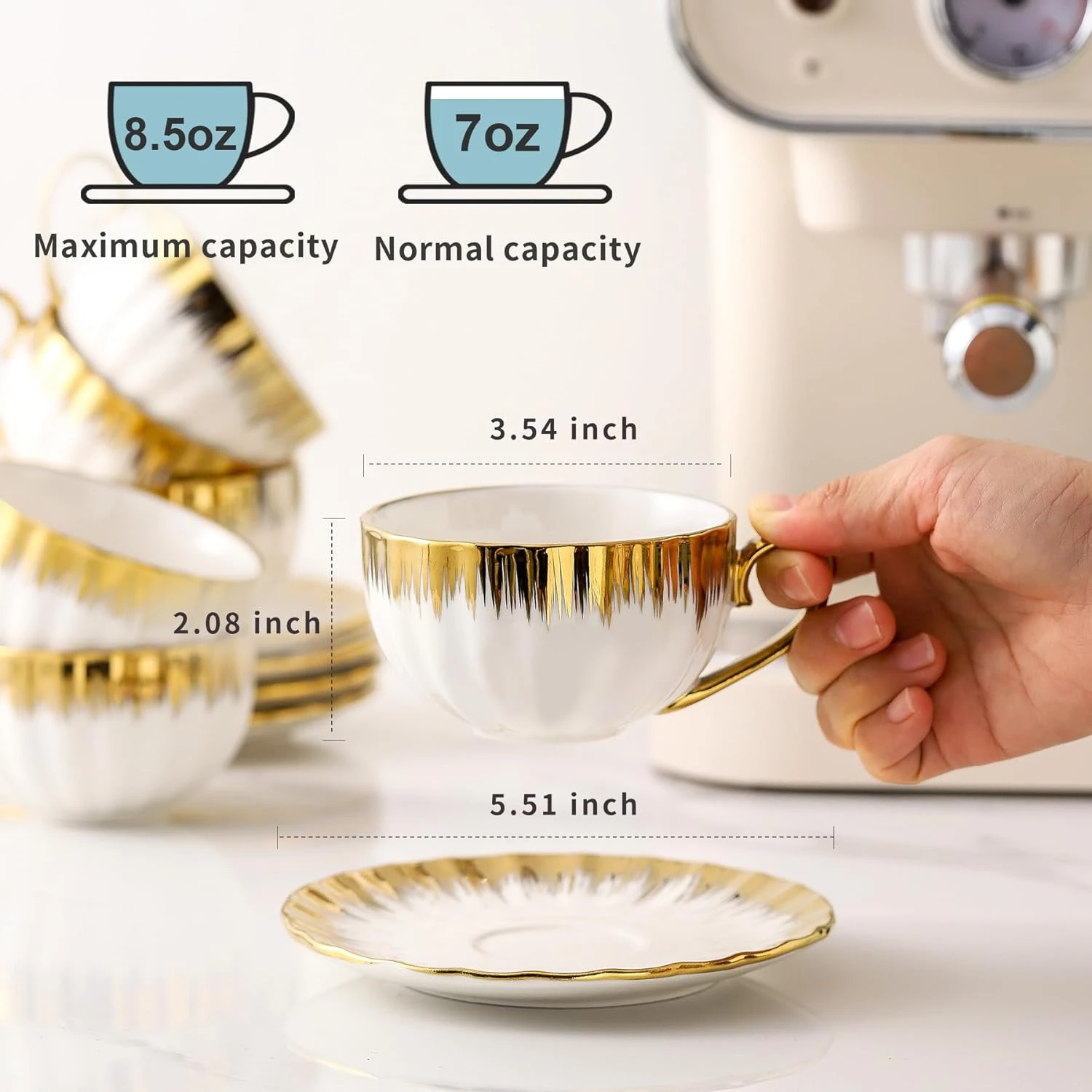 Tea Cups and Saucer, Ceramic Cappuccino Cup with Saucer 7oz Turkish Coffee Cup Set for Double Espresso, Latte,White
