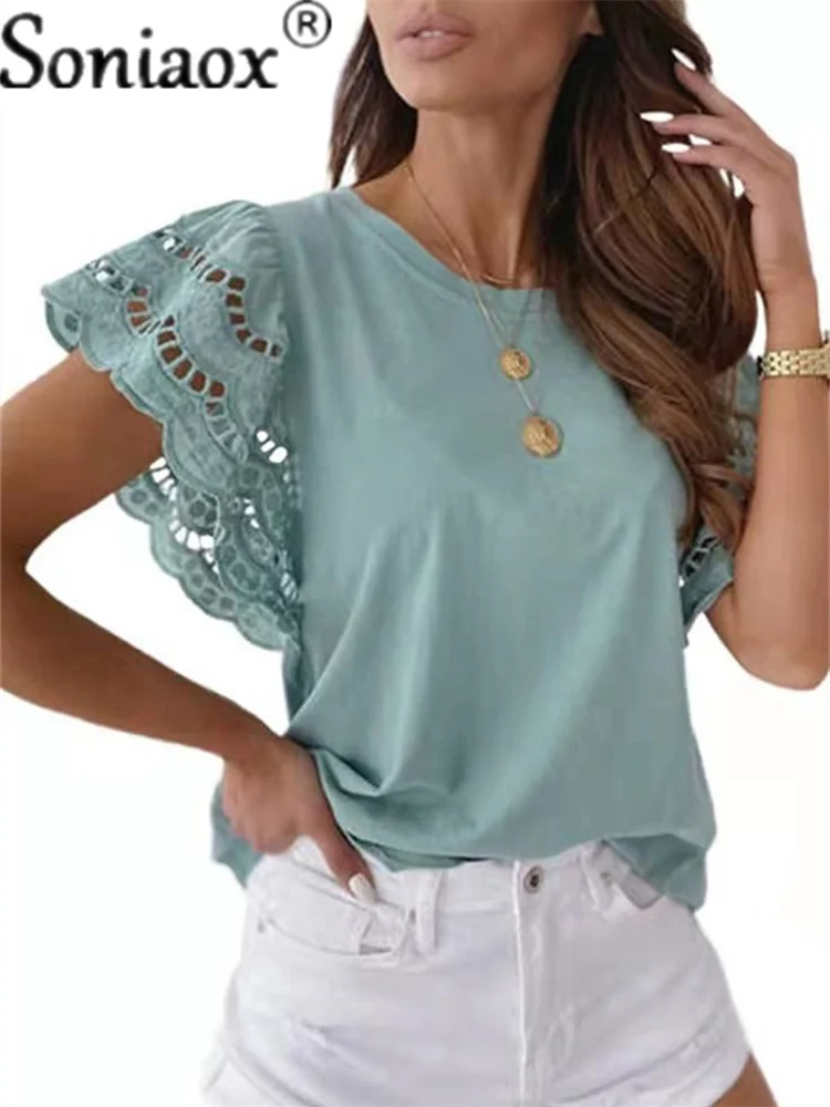 Sexy Lace Patchwork Flared Sleeve Solid Crochet Flowy Shirt Blouse 2022 Summer Women O-Neck Loose Casual Tops T-Shirt Streetwear