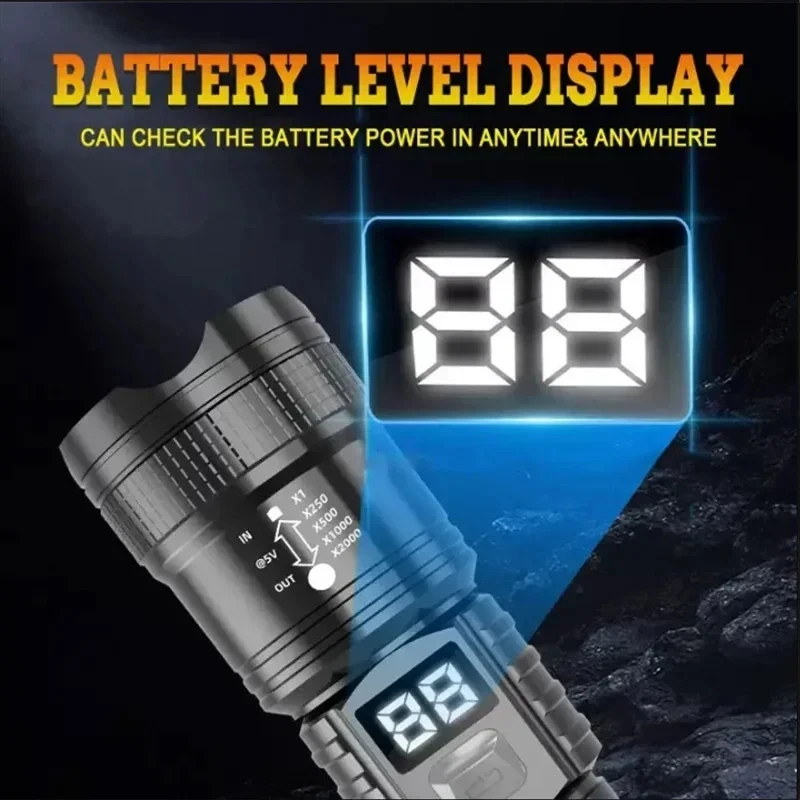 전술 LED 손전등 2000LM, USB 충전식 줌 토치, 캠핑 하이킹 야외용 강력하고 밝은 휴대용 비상등