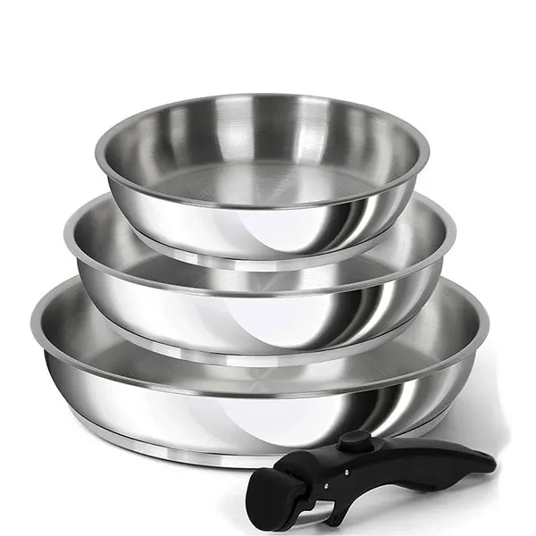 Conjunto de frigideira de aço inoxidável, 3 peças, 8/9.5/11 polegadas, panelas antiaderentes com alça removível, frigideira compatível com indução