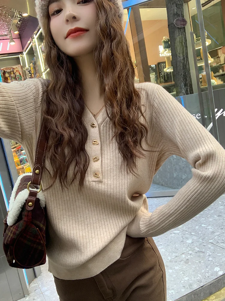 New Autumn and Winter Women's Clothing V-neck Button-decorated Long-sleeved Sweater Slim-fitting Elegant Knitwear Bottoming Top