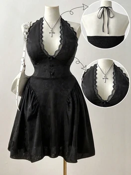 plus Size French Jacquard Dress V-Neck Lace Back Cutout Solid Color Sexy Neck Polyester Material New 2025