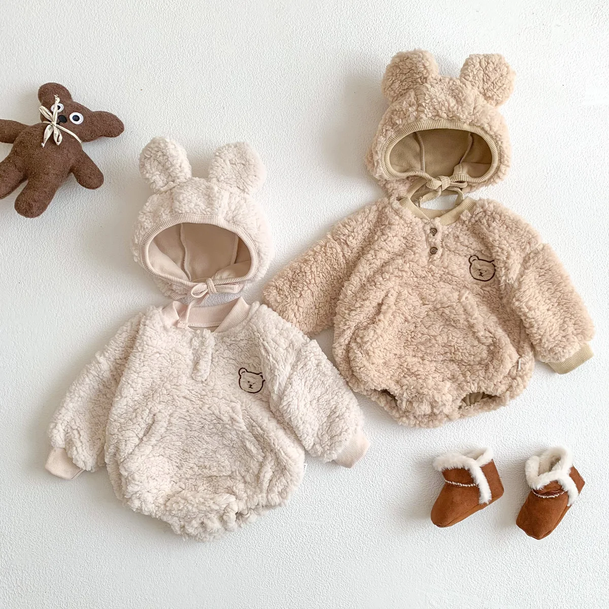 

Baby Clothes Add Velvet Romper 2023 Autumn And Winter Cute Little Bear Boy's Plus Velvet Coat Climbing Clothes