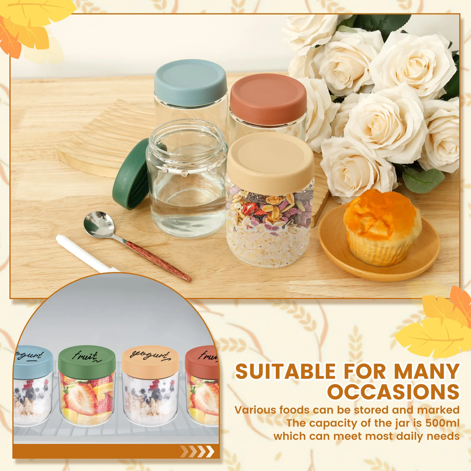 4Pcs 500ml Clear Glass jars with Airtight Lids Oats Containers Stackable Wide Mouth Oatmeal Containers for Yogurt Pudding Jam