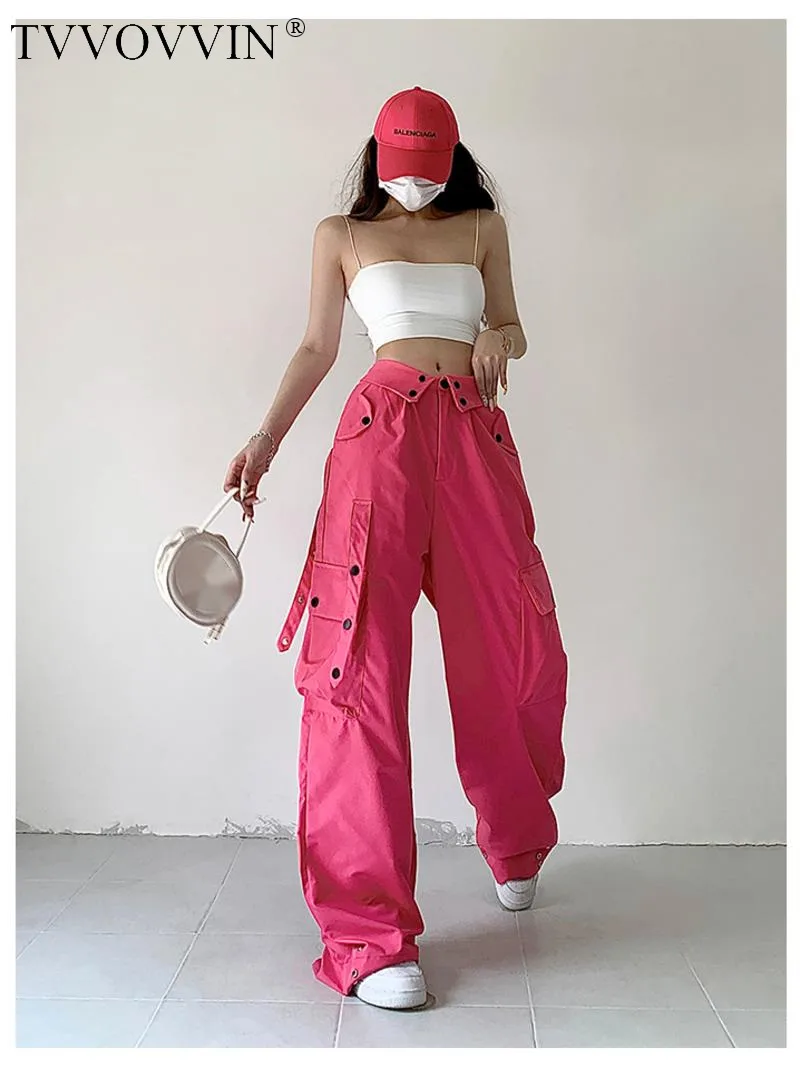 

TVVOVVIN Spring 2023 New Women's Spice Girl High waist Multi pocket Solid color Fashion Straight tube Loose casual pants DDTF
