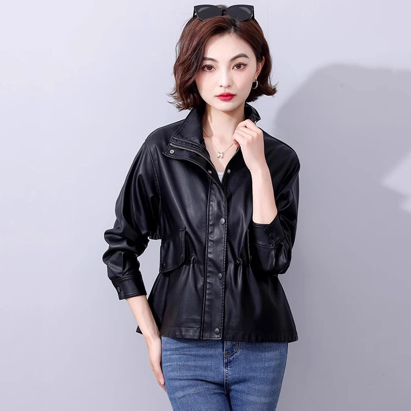 New Women Leather Jacket Spring Autumn Fashion Stand Collar Zipper Fly Adjustable Drawstring Casual Short Coat Split Leather