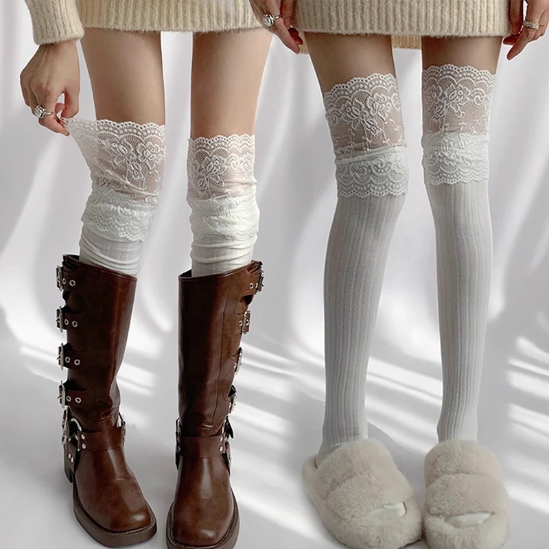 Harajuku Lolita Jk Style Lace Patchwork Cotton Stockings Women Girls Autumn Winter Warm Knitted Thigh High Stockings Boot Socks