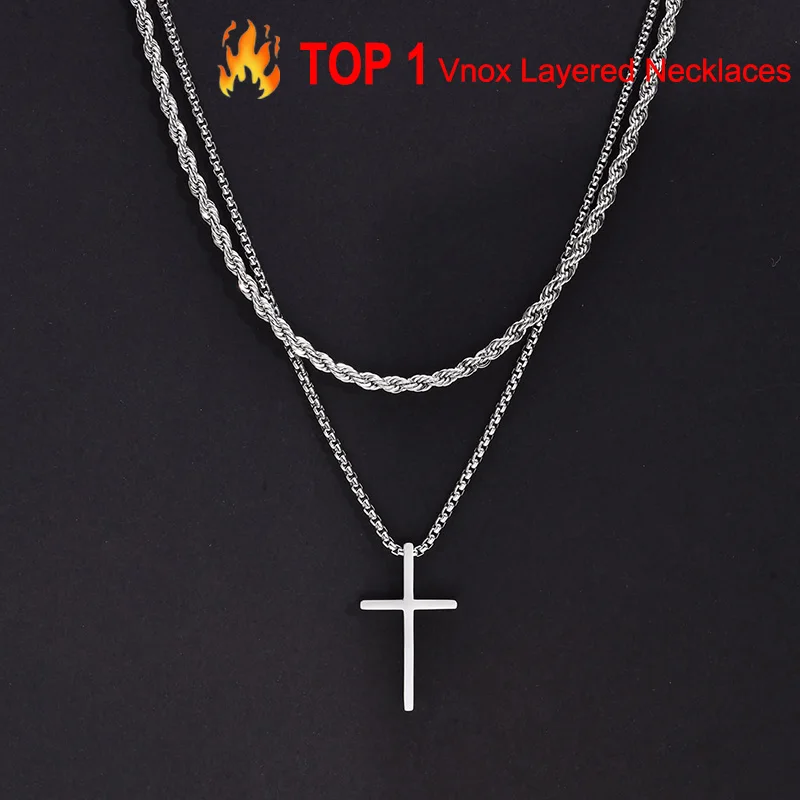 Vnox Herren-Kreuz-Halsketten, mehrlagiger, schlichter Kreuz-Anhänger aus Edelstahl, Seil-Box-Ketten-Halskette, einfaches Gebet-Jesus-Kragen