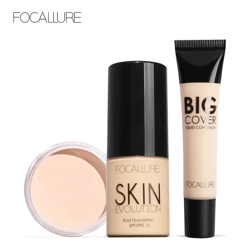 FOCALLURE Makeup Set 3 Pcs Include Liquid Foundation Face Concealer Cream Loose Powder Women Cosmetic Kit