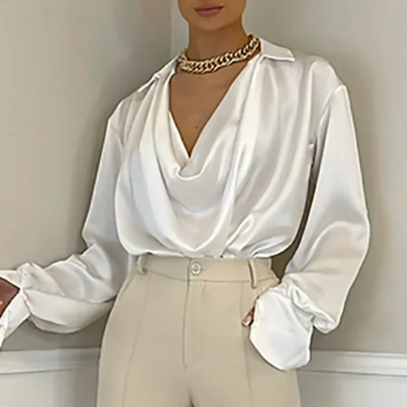 

Autumn Loose Casual Ice Silk Blouse Office Lady Fashion New Women Satin Shirt Sexy V Neck Long Sleeve Tops Women Clothing 29079