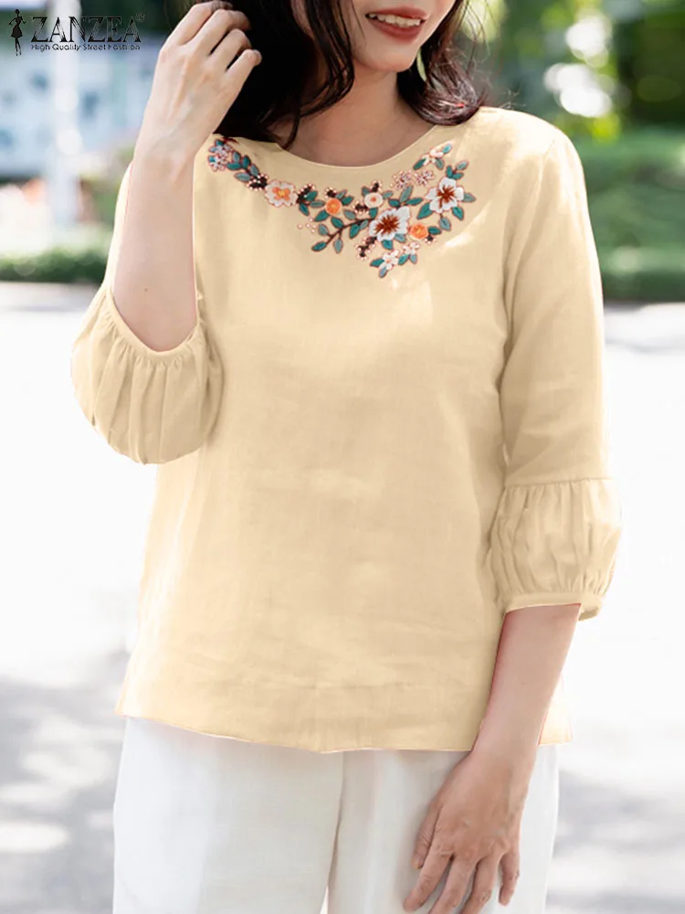 

Женская блузка ZANZEA с расклешенными рукавами 3/4, летняя блузка с цветочной вышивкой, праздничная винтажная женская блузка, повседневные свободные топы с круглым вырезом, 2024