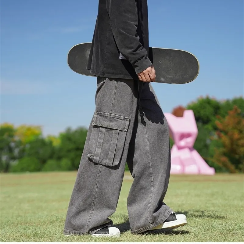 Solid Hip Hop Harajuku jeans Vintage pantalon large homme Pockets Wide Leg Baggy Jeans Men Streetwear Straight Denim Cargo Pants