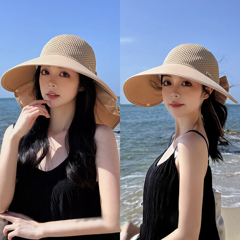 여성용 빈 상단 자외선 차단 모자, 큰 챙, 분리형 숄, UV 자외선 차단 바이저, 여름 여행 휴가 해변 해변 모자