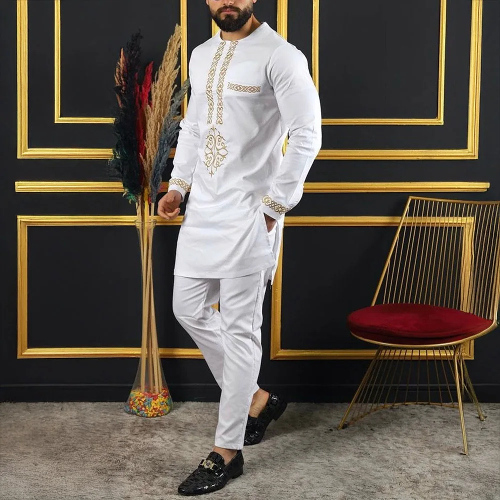 Costume Africain Dashiki 2 Pièces Pour Homme - Chemise Manches Longues + Pantalon - Imprimé Doré Tribal - Style Ethnique