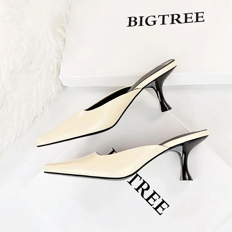 ZOOKERLIN Summer Square Toe Stiletto Solid Color PU Leather Women's Slippers Slip On Slides Simple Outdoor High Heels Women Pump