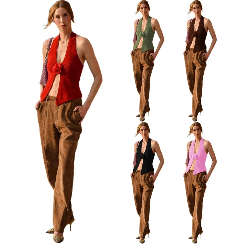 

Летние топы, пикантный Топ без рукавов с воротником Хомутом, однотонные шерстяные укороченные топы, наряд