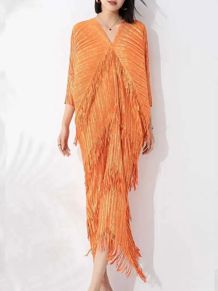 LANMREM High End Pleated Maxi Dress Women V Neck Batwing Sleeves Stitching Color Tassel Elegant Dresses Ladies Clothes 2DA1641 - Image 6