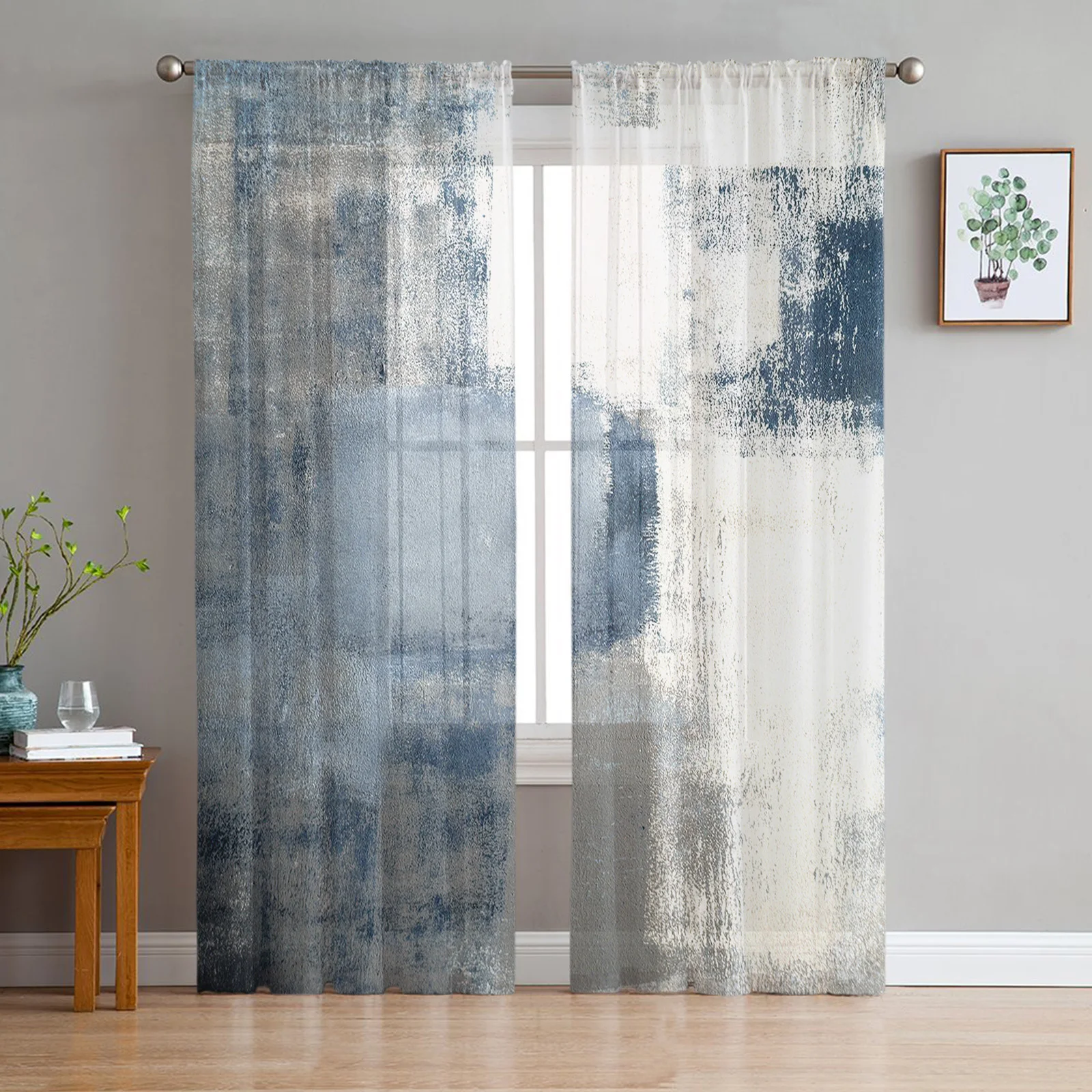 

Oil Painting Abstract Geometry Blue Tulle Voile Curtains For Bedroom Window Curtain Living Room Sheer Curtains Organza Drapes