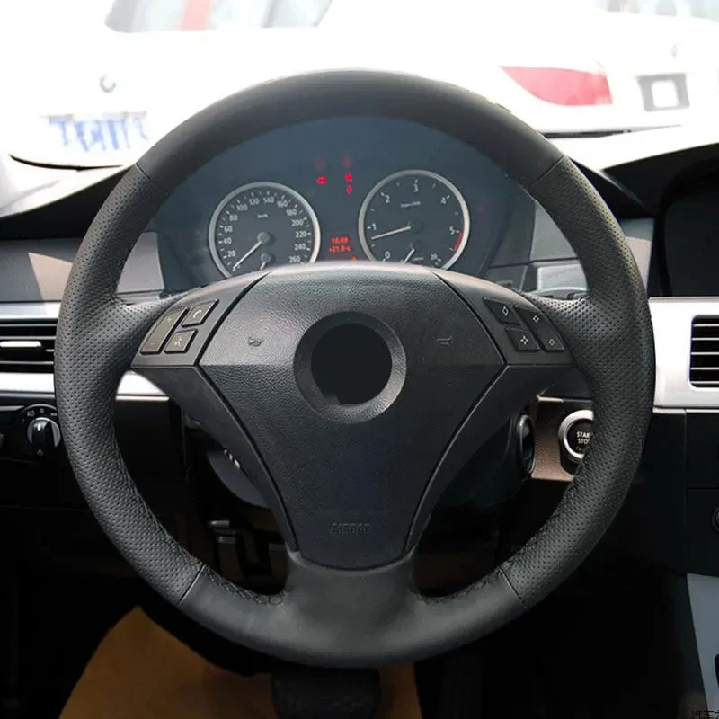 

Накладка на руль автомобиля, Накладка для BMW 5 серии E60 E61 2004 2005-2009, черная, красная, синяя линия, перфорированная кожа из микрофибры