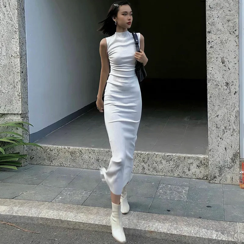 Vestido largo liso sin mangas para mujer, ajustado, con hombros descubiertos, elegante, ajustado, para fiesta, de verano