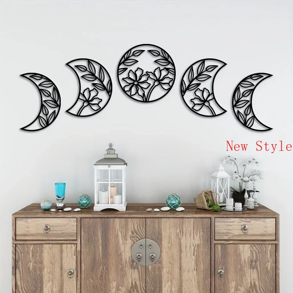 

5pcs Moon Phase Wall Mounted Decor Flower Leaf Home Art Decor Metal Moon Phase Nordic Decoration Wall Ornament Livingroom Home D