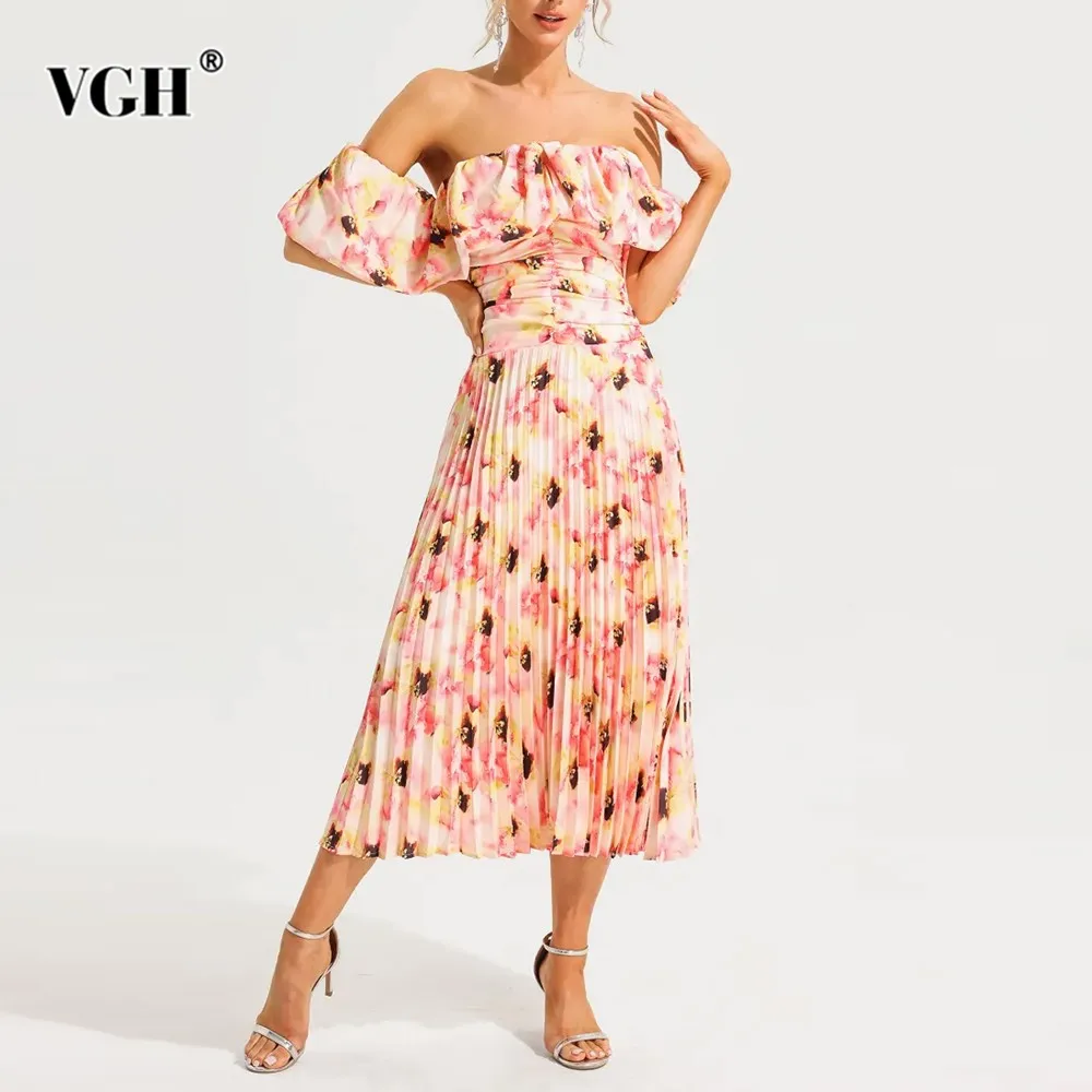 

VGH Colorblock Temperament Backless Dress For Women Slash Neck Off Shoulder Sleeve High Waist Elegant Long Dresses Female New