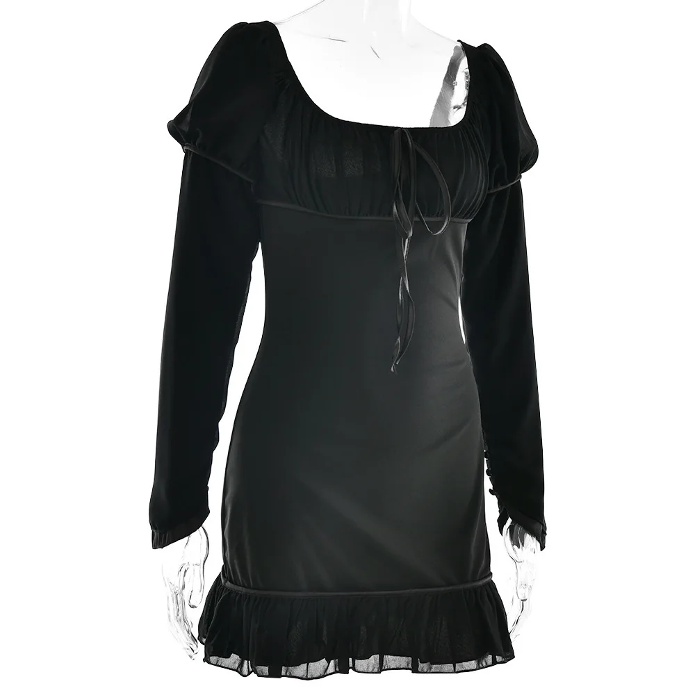 Elegant Chiffon Patchwork Zipper Slim Dress Women Autumn Winter 2025 New Pleated Square Neck Skirt Sexy Backless Vestido