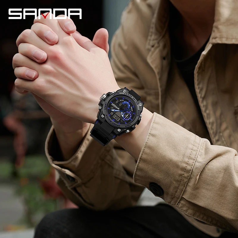 SANDA 3302 Luxury Shockproof Waterproof Sports Mens Wristwatches LED Dual Display Digital Quartz Watch for Men Reloj De Hombre
