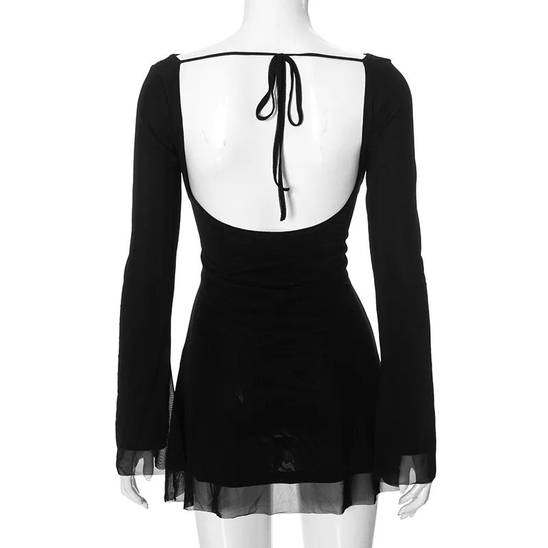 Mesh Backless Fashion Dress For Women Sexy Long Sleeve Lace-Up Slim Patchwork Bandage Dress Women's Solid Autumn Dress New