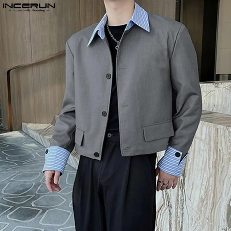 

INCERUN Tops 2023 Korean Style New Men's Splicing Solid Cropped Blazer Casual Fashion Male Long Sleeved Lapel Suit Coats S-5XL