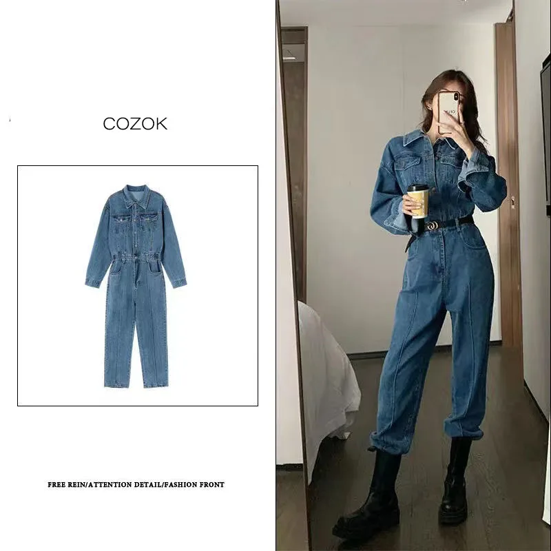 2023yk2 Women'S Light Mature Polo Neck Wash Jumpsuit French Vintage Design Narrow Waist Slim Denim Jumpsuit Cool Fashion New