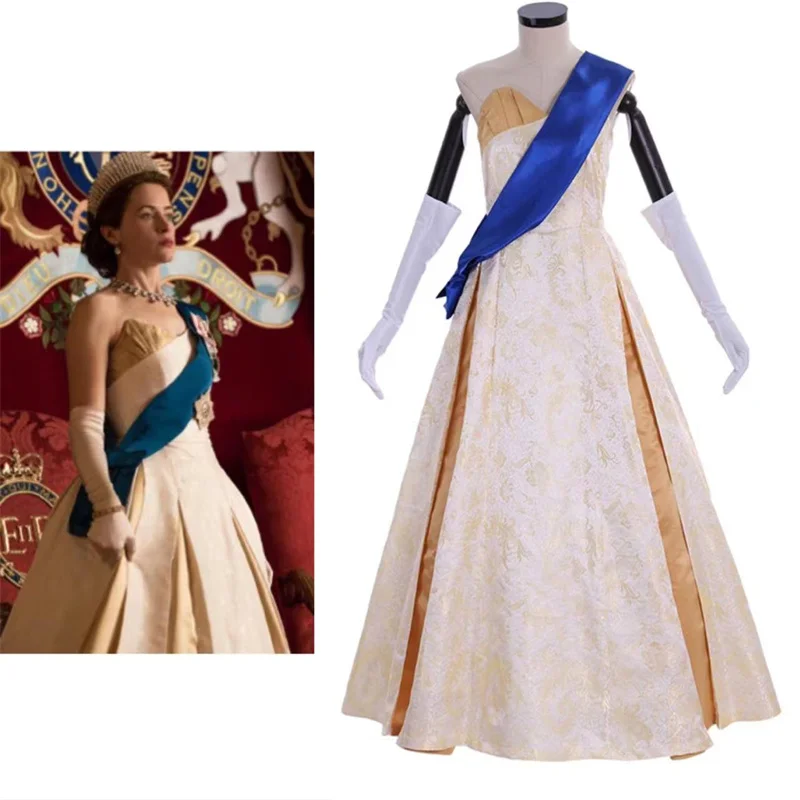 

Crown Season 2 Queen Elizabeth Cosplay Costume Adult Women Wedding Dress Princess Ball Gown
