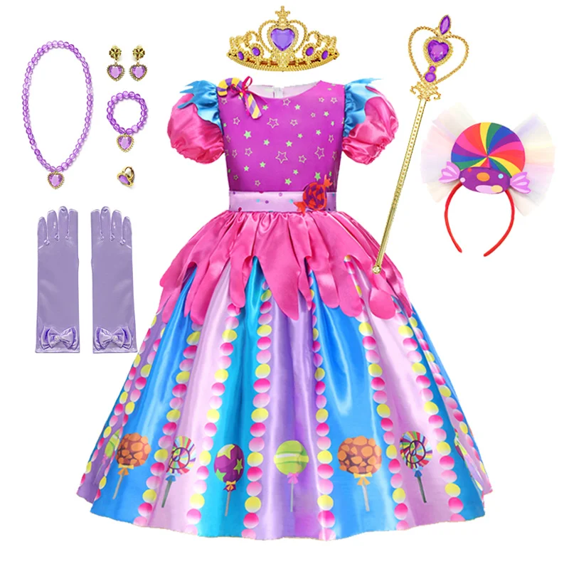 thumbnail image 1 of Disfraz de carnaval de arcoíris con caramelos para niños de 2 a 10 años, vestido de princesa con estampado de piruleta y diadema, ropa para fiesta de cumpleaños y Navidad, 1 of 4