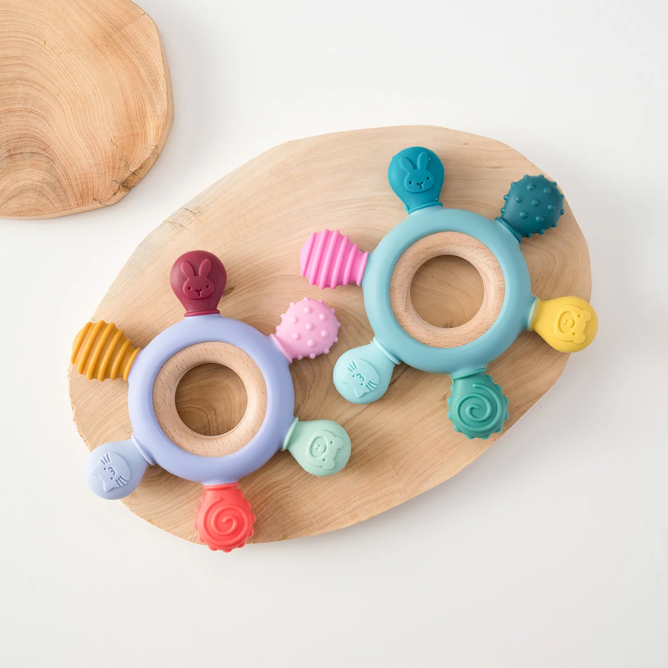 Color Kids 1PCS Silicone Baby Teether Toy BPA Free Wooden Ring Teething Chew Toy Healthy Infant Nursing Gift Newborn