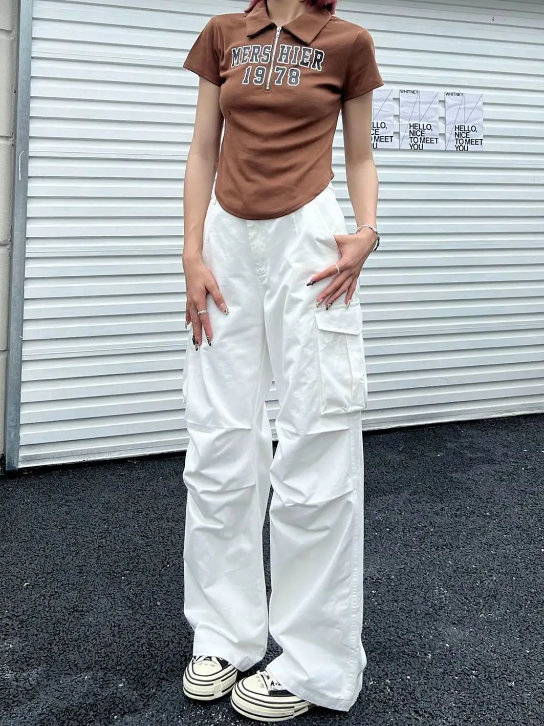 Y2K Vintage White Cargo Pants Women Korean Style Brown Wide Leg Trousers Oversized Streetwear Retro Basic Pantalones