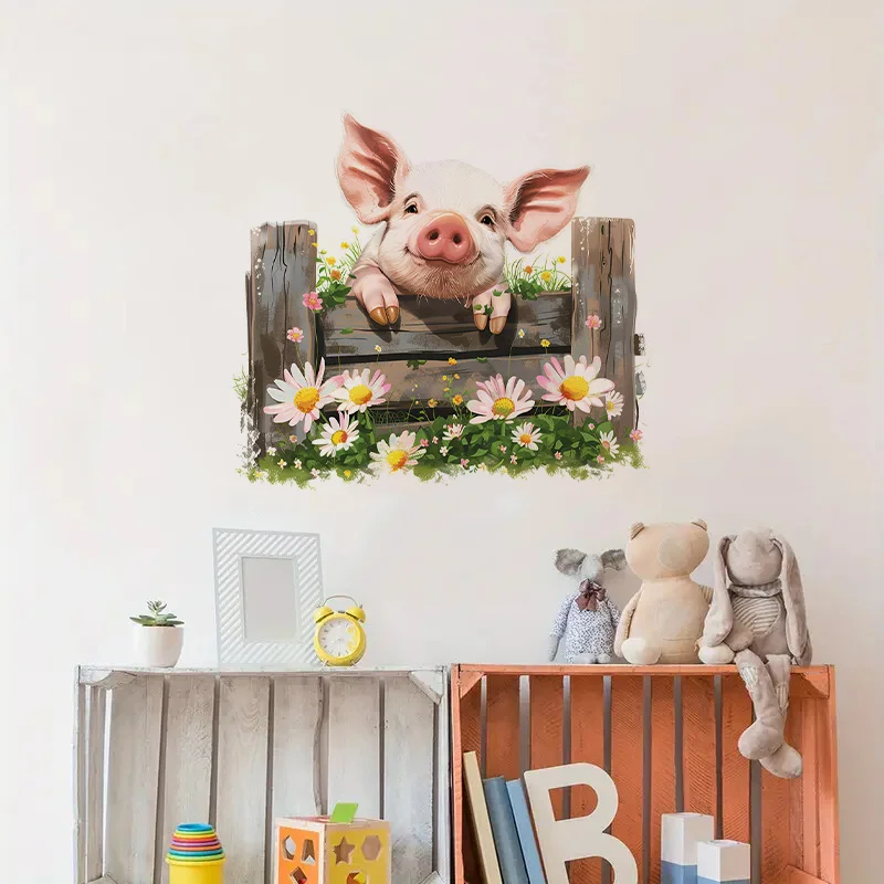 C1212# Pig with Woodne Fence Self-Adhesive Toilet Stickers,Wall Decal Removable, Reusable Vinyl Car Sticker for Bathroom Decor