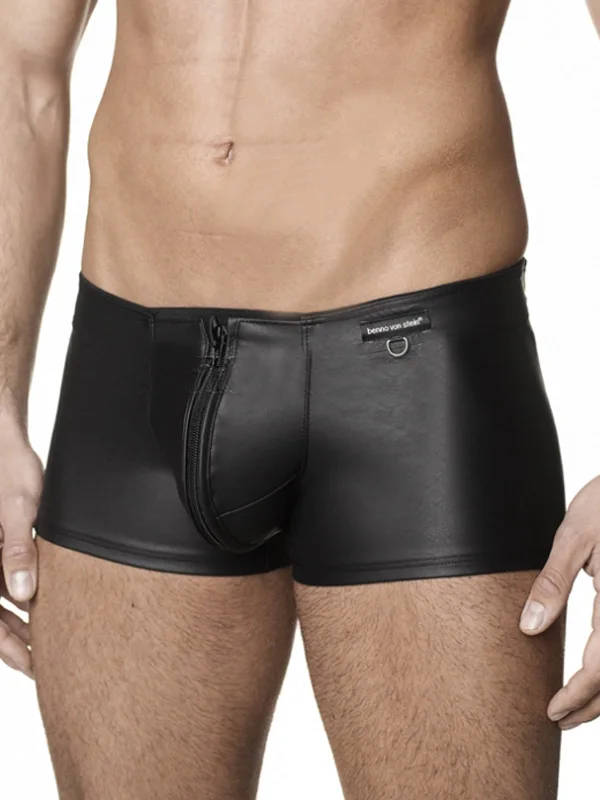 Sexy Zipper Crotch Boxershorts Men Underwear Lingerie Black Gay Fetish Panties Men Boxer Shorts Vinyl Leather Mens Underware